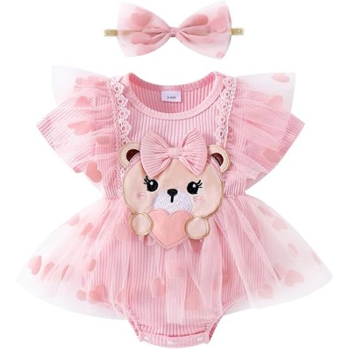 Baby Girl Clothes Newborn Bear Love Lace Ruffled Short Sleeve Romper Heart Tulle Skirt + Cute Bow Headband 0-12 Months