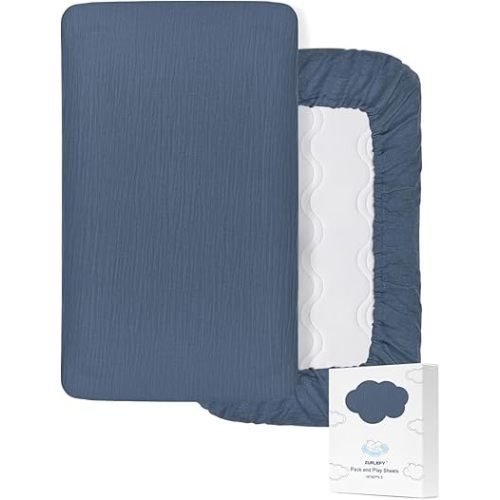 Dusty Blue Muslin Cotton Mini Crib Sheets Fitted 39"x27", Soft Breathable Pack N Play Playard Mattress Pad Cover for Boys and Girls (46P-09)