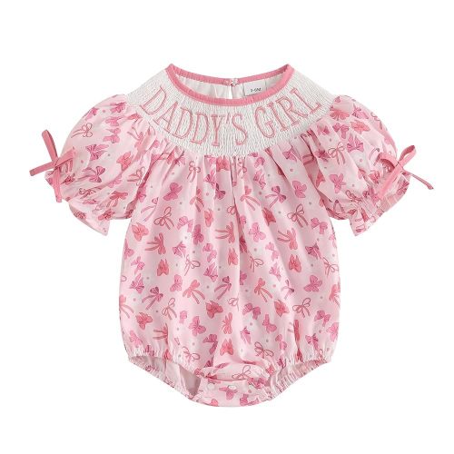 Newborn Baby Girl Summer Clothes Bow Print Romper Puff Sleeve Bubble Bodysuit Mamas Girl/Daddys Girl Outfit