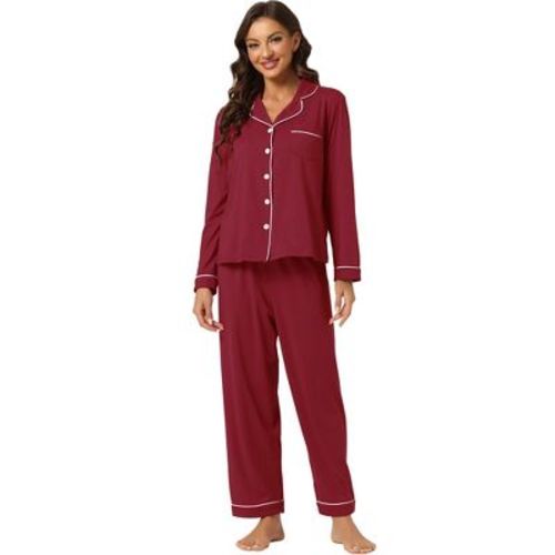 cheibear Women's Long Sleeves Button Down Top with Pants Lounge Pajamas Set
