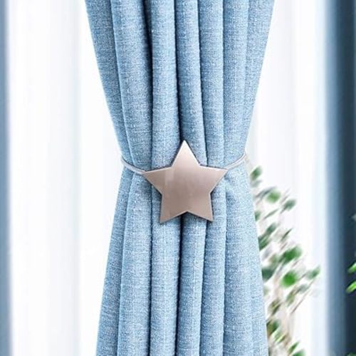 Magnetic Curtain Tiebacks, Retro Star Drape Rope Tie Backs Holder Buckle - Decorative Curtain Holdbacks Clip for Sheer and Blackout Curtain (2 Pieces, Silver)