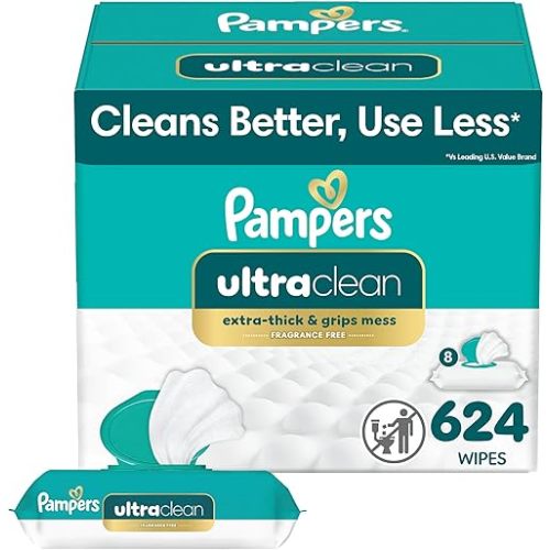 Pampers Ultra Clean Baby Wipes (Previously 'Free & Gentle'), 99% Water, Hypoallergenic, Unscented, 100% Plant Based, Plastic-Free, 624 Baby Wipes Total (8X Flip-Top Packs) [Packaging May Vary]