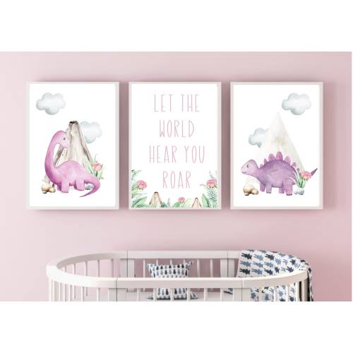 Set of 3, Dinosaur Prints, Dinosaur Nursery Prints, Nursery Decor, Girl Bedroom Decor, Dinosaur Decor,Girl Room Wall Art, Dinosaur Wall Art