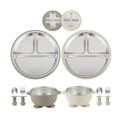 PandaEar 8PCS Baby Feeding Set | Stainless Steel Suction Plates and Bowls with Silicone Fork and Spoon Utensils | Baby Led Weaning Tableware for Toddlers & Kids (Tan & Walnut)