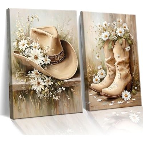 Frimeeme 2 Piece Set Framed Floral Cowgirl Footwear Canvas Wall Art