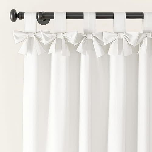 ChadMade Natural Cotton Linen Blend Drape Bow Tab Top Light Filtering Curtain for Girls Room, Farmhouse Cotton Lined Drape Privacy Window Treatment (W34 x L90, 1 Panel, White)