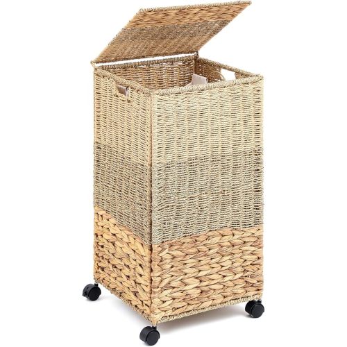 65 L Rolling Wicker Laundry Basket Laundry Hamper with Lid Decorative Woven Hamper with Washable Removable Liner Bags and Handles for Clothes Tricolor Natural Water Hyacinth(1 Sections)