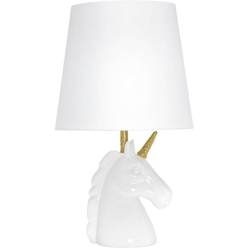 Simple Designs LT1078-GLD Sparkling Glitter Unicorn Table Lamp for Kids Room, Nursery, Living Room, Bedroom, Playroom, Foyer, Gold Glitter, Matte White