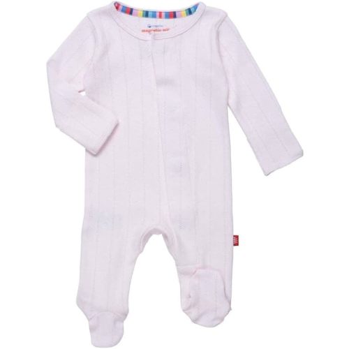 Magnetic Me 100% Organic Cotton Magnetic Baby Footie Pajamas | Super Soft Cotton Fabric | Love Lines Pink Pointelle | Newborn