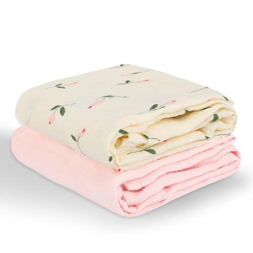 Muslin Swaddle Blankets for Newborns, 2 Pack Large 40 x 40 Inches, 100% Cotton Receiving Blankets, Soft and Breathable Baby Swaddles, Baby Essentials for Girls, Shower Gift, Floral and Pink