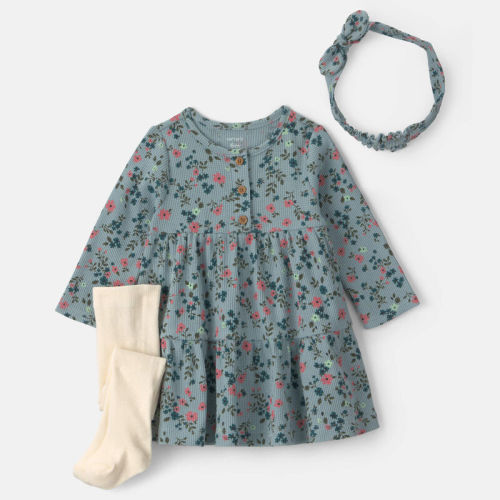Baby Girl 3-Piece Floral Thermal Dress Set - Blue | Carter’s Oshkosh Canada