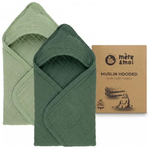 Mre & Moi: Muslin Hooded Baby Bath Towel  2 Pack, Light & Dark Green - 30", Soft Cotton, Absorbent, Quick-Dry, Oeko-TEX, Pool-Water, Newborn-Toddler