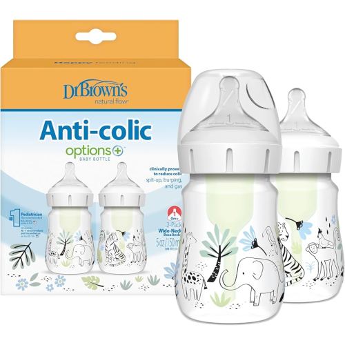 Dr. Brown’s Natural Flow® Anti-Colic Options+™ Wide-Neck Baby Bottle Designer Edition Bottles, Jungle Decos, 5 oz/150 mL, Level 1 Nipple, 2-Pack, 0m+