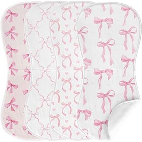 4 Pack Pink Bow Baby Burp Cloths Soft Absorbent Spit up Rags Cherry Burp Cloths Pink Burping rag for Boy Girl Newborn Gifts Nursery Decor, 19 x 9 Inches