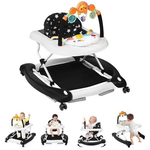 Baby Walker with Wheels, 5 in 1 Baby Walkers for Boys Girls 6-12 Months, Foldable Walker Baby with Bouncer & Feeding Tray, Music, Adjustable Heights