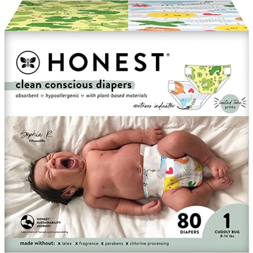 The Honest Company Clean Conscious Diapers | Plant-Based, Sustainable | Spring '23 Limited Edition Prints | Club Box, Size 1 (8-14 lbs), 80 Count - Ur Ribbiting + Spread Your Wings