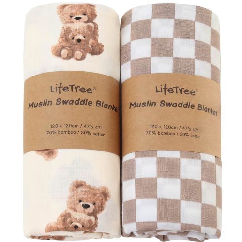 Amazon.com: LifeTree Muslin Swaddle Blankets, Baby Swaddling Wrap Nursery Blanket Unisex, Soft 70% Viscose from Bamboo and 30% Cotton, Large 47 x 47 inches, Bear & Checkered Swaddle Blanket
