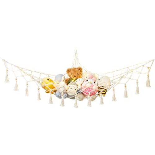Dahey Stuffed Animal Storage Net Hammock with String Light Wall Corner Hanging Toys Storage Organizer Plush Net Toy Holder Hammock Macrame Tassels Boho Decor for Nursery Kid Playroom Bedroom