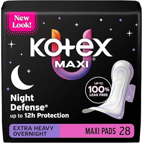 Kotex Overnight Maxi Pads with Wings, Extra Heavy Absorbency, 28 Count (Packaging May Vary)
