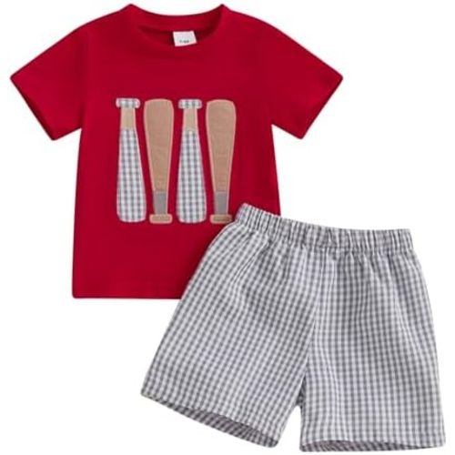 Baseball Toddler Baby Boy Girl Clothes Baseball Bat Embroidery Short Sleeve T Shirt Plaid Shorts Set Infant Clothes