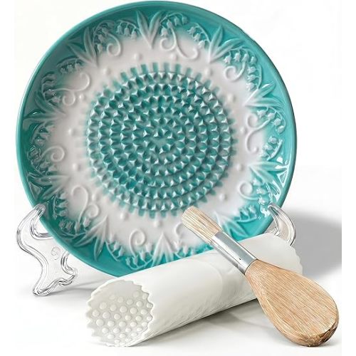 Handcrafted Ceramic Garlic Grater Plate 4-Pc Set, 5.12" Handmade Porcelain Grinding Dish with Wooden Boar Bristle Brush & Textured Silicone Peeler, Celadon Green Embossed Lily