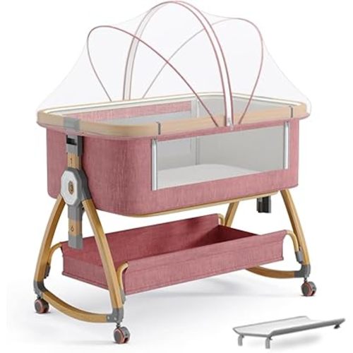 Baby Bassinet, Bedside Bassinet for Baby, 4 in 1 Portable Bassinet Bedside Sleeper with Wheels Mosquito Net & Storage Basket, 6 Height Adjustable Rocking Bassinet for Newborn Baby