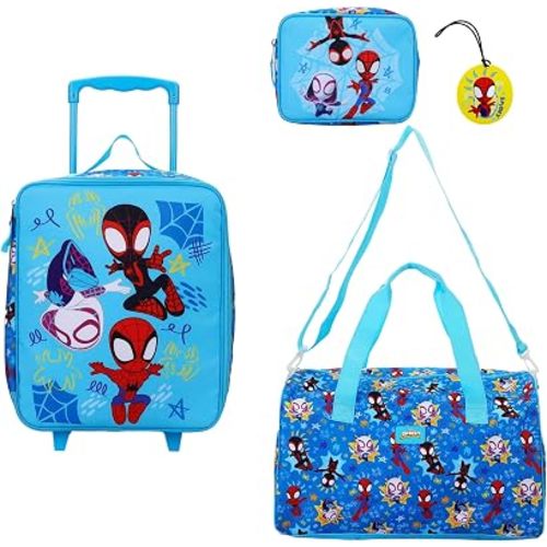 Bioworld Spidey And His Amazing Friends Kids' 4-Piece Travel Set With Suitcase, Duffle Bag, Toiletries Case, and Luggage Tag