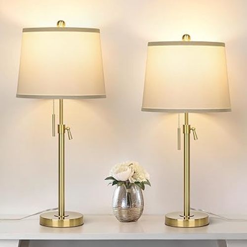 2 Pack 22"-30" Adjustable Height Table Lamps Set, Modern Gold Table Lamps with White Shade 3 Colour Temperature Pull Chain Tall Lamps for Living Room Bedroom Bedside End Table Nightstand