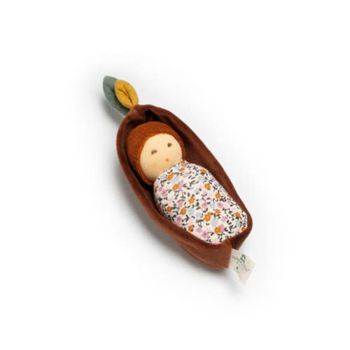 Nanchen Natur Organic Cotton Oak Baby Rattle Doll in Bark Bed, Floral