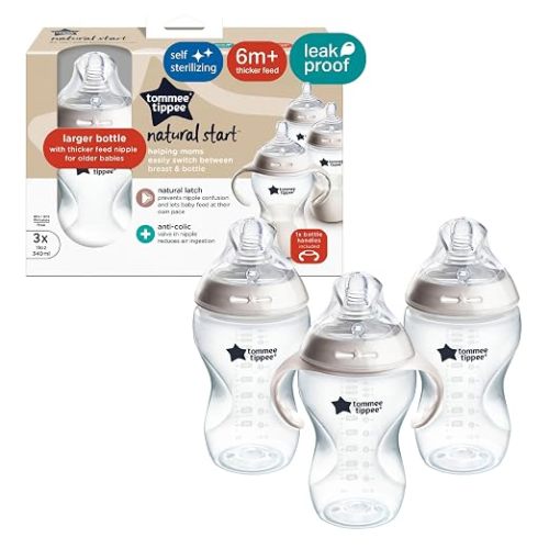 Tommee Tippee Natural Start Baby Bottles, Thicker Feed, 6m+, 11oz | Pack of 3, Breast-Like Nipple for a Natural Latch, Clear, BPA Free