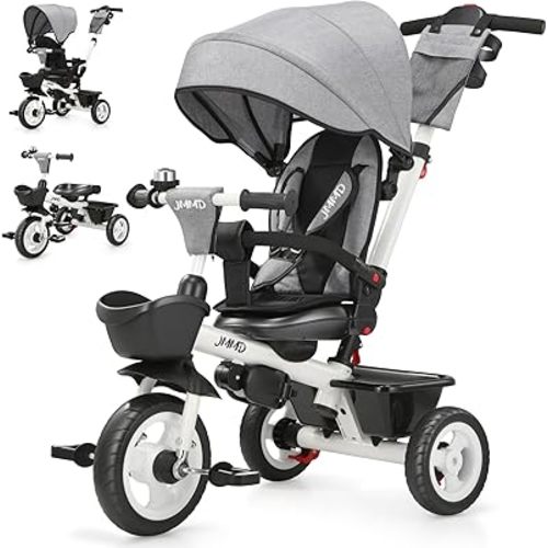 JMMD 7 in 1 Tricycle Stroller with Push Handle, Baby Trike with 360° Swivel Seat, Reclining Backrest, All-Terrain Wheels, Dual Brakes, Canopy & Storage, Gift for Kids 18 Months to 5 Years, Gray