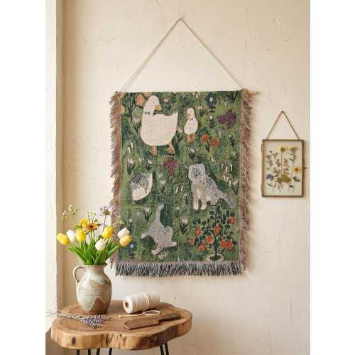 Whimsical Cottagecore Woven Wall Hanging, Botanical Animal Tapestry, Vintage Style Verdure Art, Cat & Duck Nursery Decor, Boho Fabric Gift