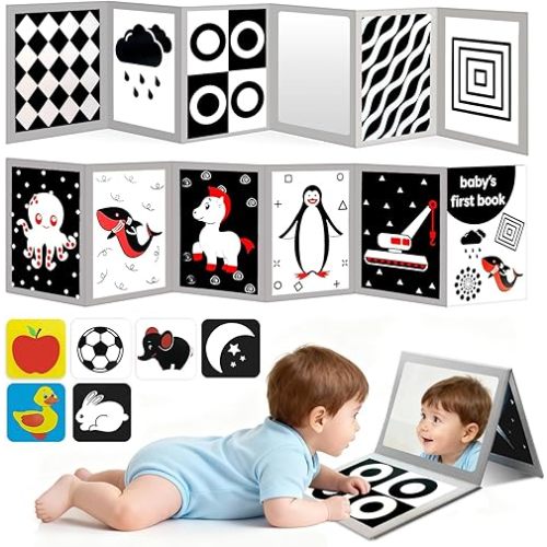 High Contrast Baby Flashcards with Black and White Tummy time Mirror Books, Newborn Brain Development Toys for 0-6 Months Baby as Infants Gift