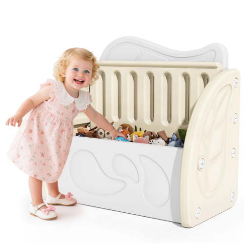 PORKISS Kids Toy Box for Boys Girls, Plastic Toy Storage Organizer with Storage Bench and Leaf Backrest, Modern Toy Chest for Living Room, Toddler Room, Bedroom, Support 176 lbs, Beige/Light Grey