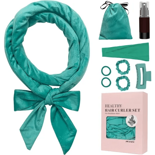 No Heat Curling Rod Headband, Non Heat Overnight Hair Curler Headband, 70" Long Velour Lazy Hair Curls Roller Wrap for Women Girls Long Hair, Hair Curlers to Sleep In -Blue-green