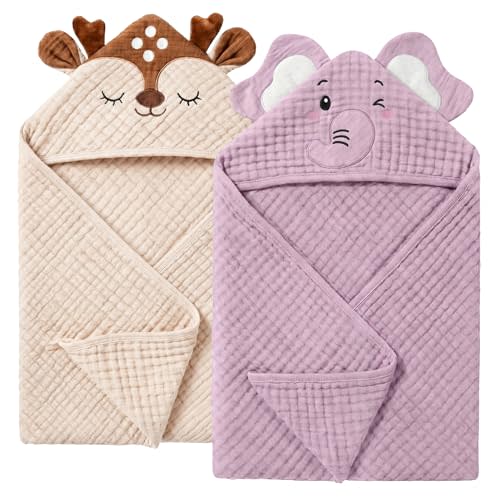 4 PCS Muslin Baby Bath Towels Set, 100% Cotton 2 PCS Animal Hooded Baby Towels 32x32 Inch & 2 PCS Washcloths, Ultra Absorbent & Soft Infant Newborn Essentials Gifts for Boys & Girls, Elephant & Deer