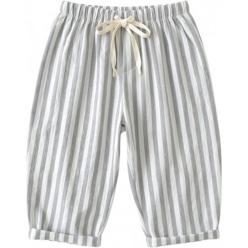 Toddler Boys Cute Striped Pants Baby Girls Baggy Cotton Linen Sweatpants with Drawstring Summer Elastic Waist Barrel