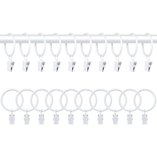 20 PCS Metal Curtain Rings with Clips, White Drapery Rings for Hanging, Curtain Clips 1.26" in Interior Diameter