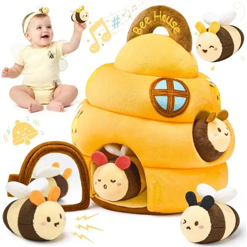 Baby Toys 6-12 Months - Beehive Infant Toy with 5 Sensory Bees Stuffed Animals, Crinkle, Rattle, Mirror & Music, Montessori Toys for 6 7 8 9 10 11 12 Month Old Baby Boys Girls Birthday Christmas Gift