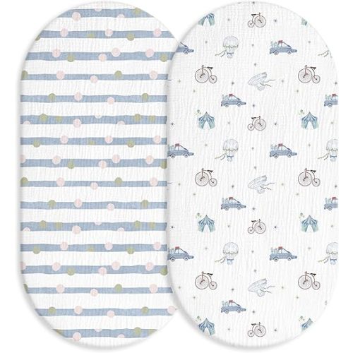 Muslin Bassinet Fitted Sheets, 2 Pack for Baby Boy and Girl, Soft Breathable Baby Pad/Mattress Sheet, Fit for Hourglass Oval and Rectangle Bassinet Mattress (Cute Cars)