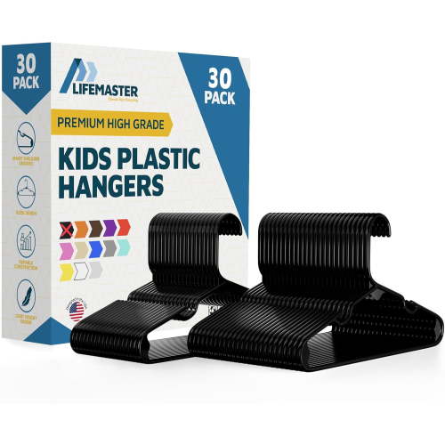 Plastic Kids Clothes Hanger – Children Clothes Hanger with Shoulder Notch, 11.6 Inch Space-Saving Closet Organizer for Baby, Toddler, and Kids Clothing, Hold Up To 5 lbs, Pack of 30, Black