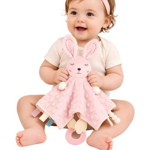 ZIGJOY Baby Girl Lovey, Pink Bunny Security Blanket with Crinkle & Teether