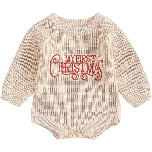 Adobabirl My First Christmas Baby Outfit Girl Boy Christmas Sweater Bubble Romper Long Sleeve Jumpsuit Fall Winter Outfit (First Christmas-Beige, 0-3 Months)