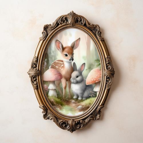 Fawn and bunny, Woodland nursery child room wall art Deer & Rabbit, Bambi Thumper Vintage Watercolor painting Portrait poster Print wall art