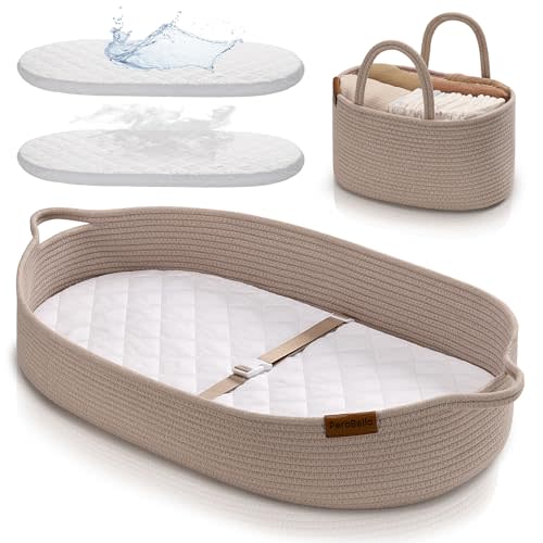 XL Baby Changing Basket for Dresser Top, Moses Baskets for Newborn, Portable Baby Diaper Changing Pad Table Topper for Dresser, Moses Bassinet Mat with Waterproof Pad Cover and Diaper Caddy