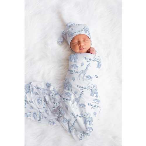 Safari Blue Toile Swaddle Set, Boy Blue Toile Swaddle, Personalized Swaddle Baby Blanket, Safari Toile Swaddle Set, Baby Shower Gift S74