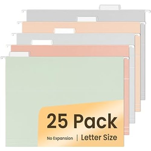 SUNEE 25 Count Hanging File Folders, Pastel Colors, Hanging File Folders Letter Size, Hanging Folders with 1/5-cut Tabs, Designed for Bulky Files, Filing Cabinets, Medical Charts