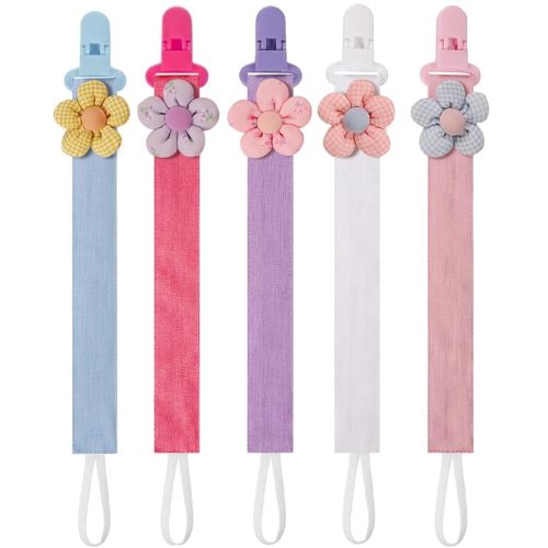 5 Pack Pacifier Clips for Baby Girls, Multicolor Fabric Straps,5pcs Straps, Approx. 11 in / 29 cm, Resin Clips with Inner Grip Design, Fits Most Pacifiers with Handles(11)