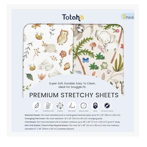 TotAha Premium Soft Graco Pack n Play Sheets Fitted, Super Stretchy Jersey Knit Mini Crib Sheets Fitted, Silky Comfort Pack and Play Mattress Sheets, 2 Pack (Happy Zoo & Jungle) | Super Stretchy, Silky Comfort, Premium, Soft, Fitted