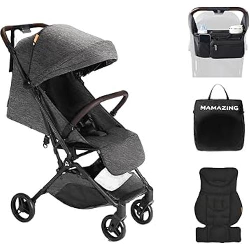 MAMAZING Lightweight Baby Travel Stroller with Carbon Fiber Frame, Compact & Airplane-Friendly, One-Handed Folding Design, 11.6 lbs, Perfect for Toddlers, Organizer & Cushion Included, Black